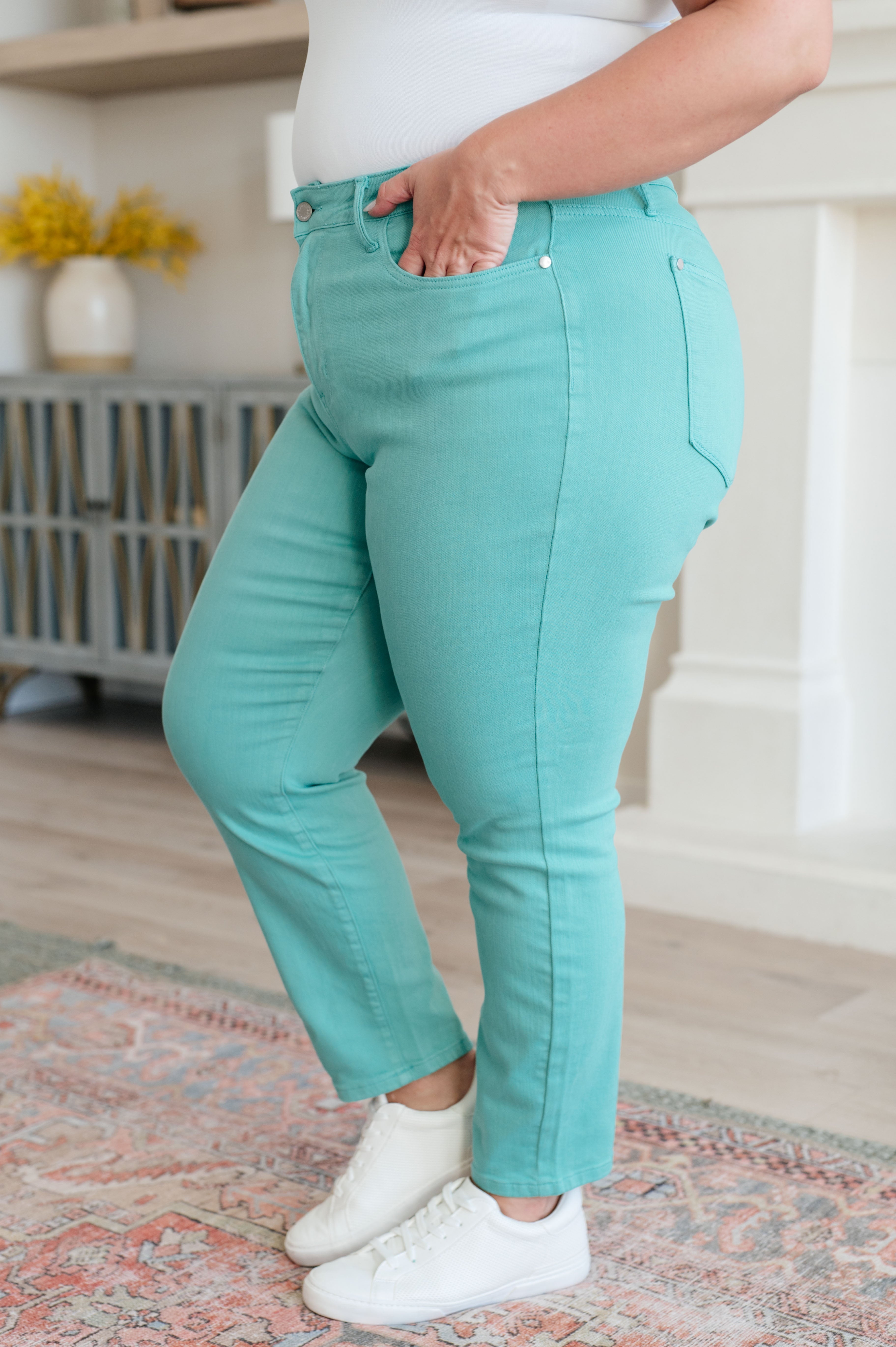 Bridgette High Rise Garment Dyed Slim Jeans in Aquamarine - Charming Charlie