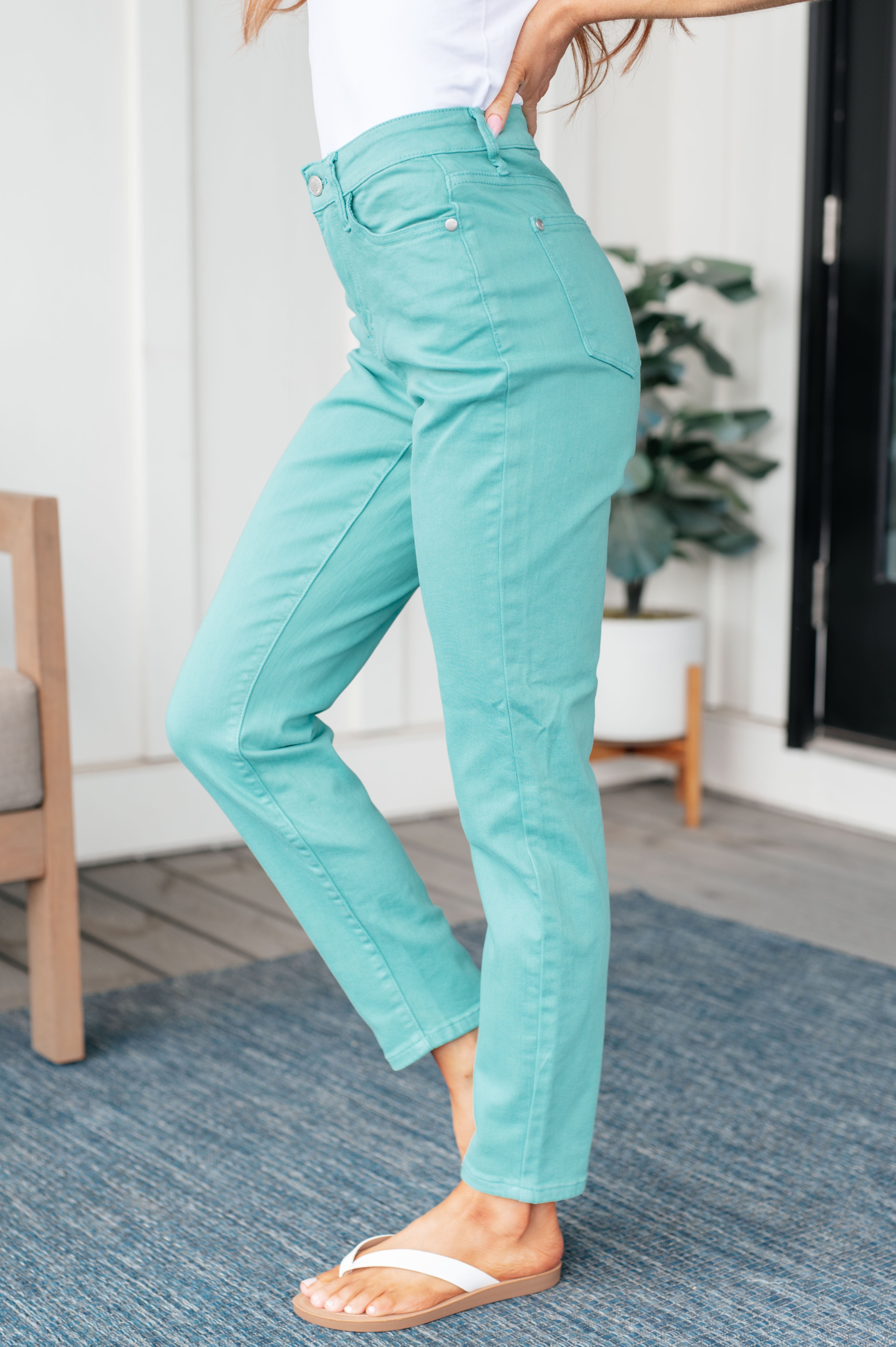 Bridgette High Rise Garment Dyed Slim Jeans in Aquamarine - Charming Charlie
