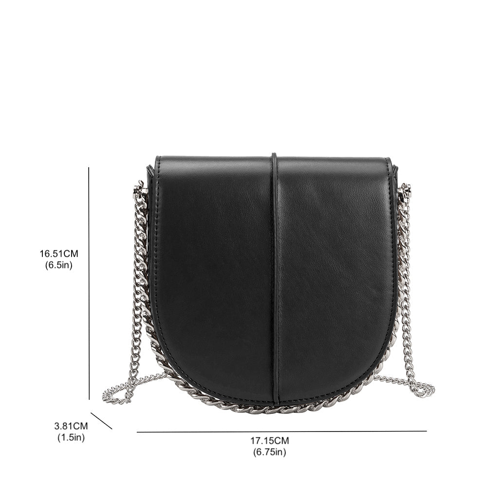 A black vegan leather crossbody handbag with measurements.