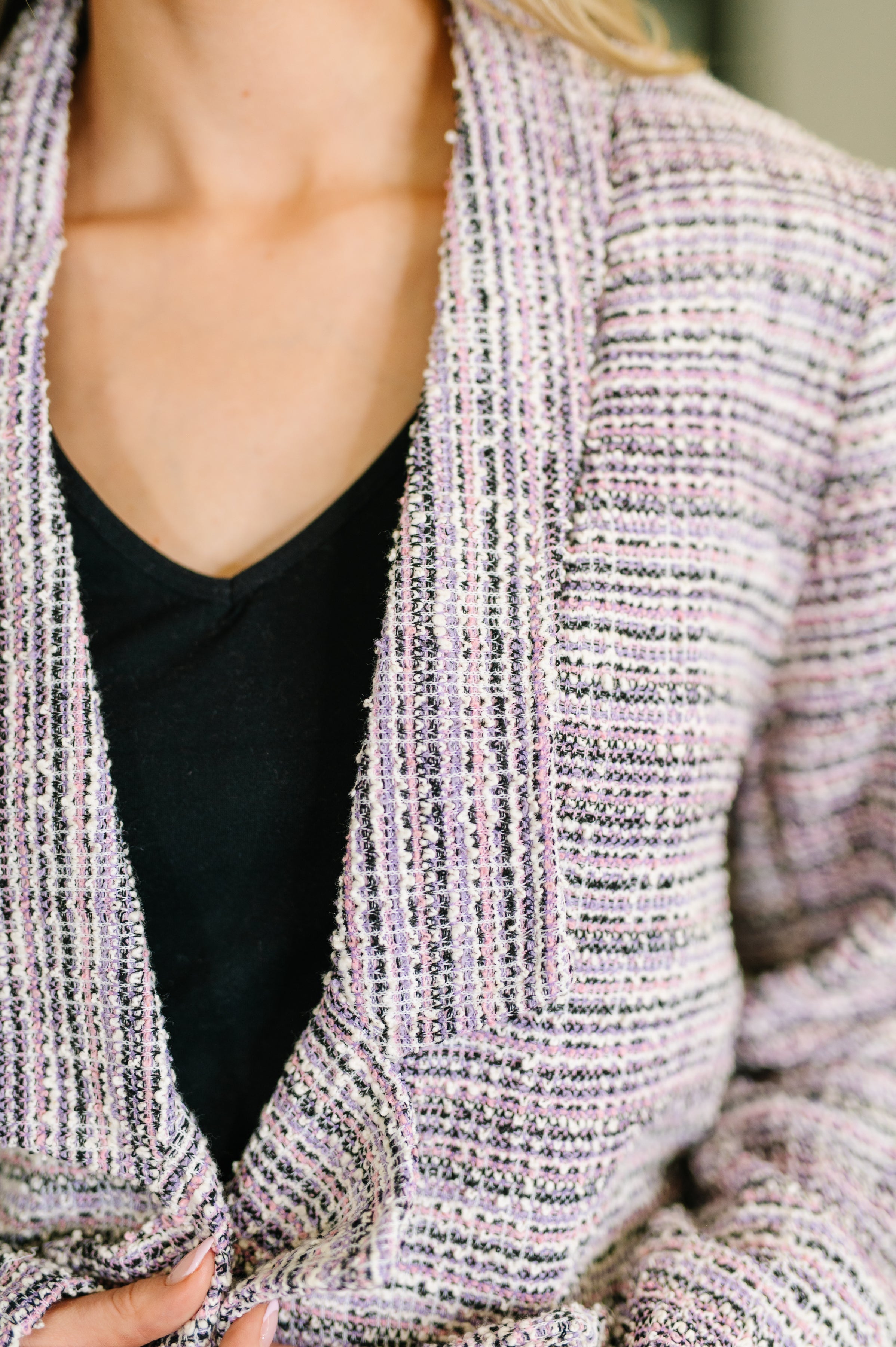 Brixton Tweed Midi Blazer in Lavender Ivory - Charming Charlie