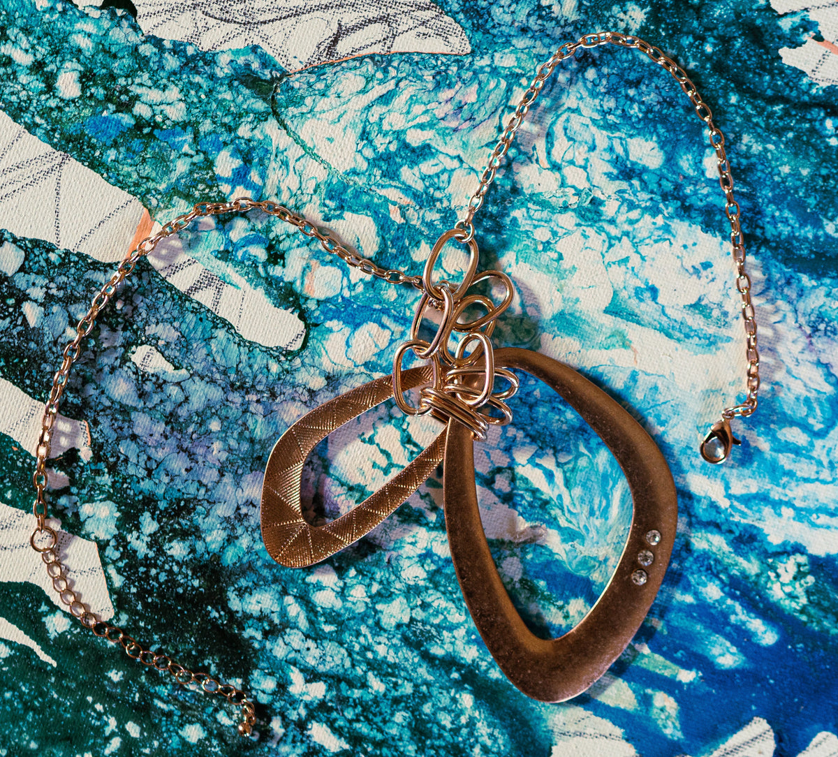Rose Gold Link Double Pendant Necklace With Rhinestone And Earring Set - Charming Charlie