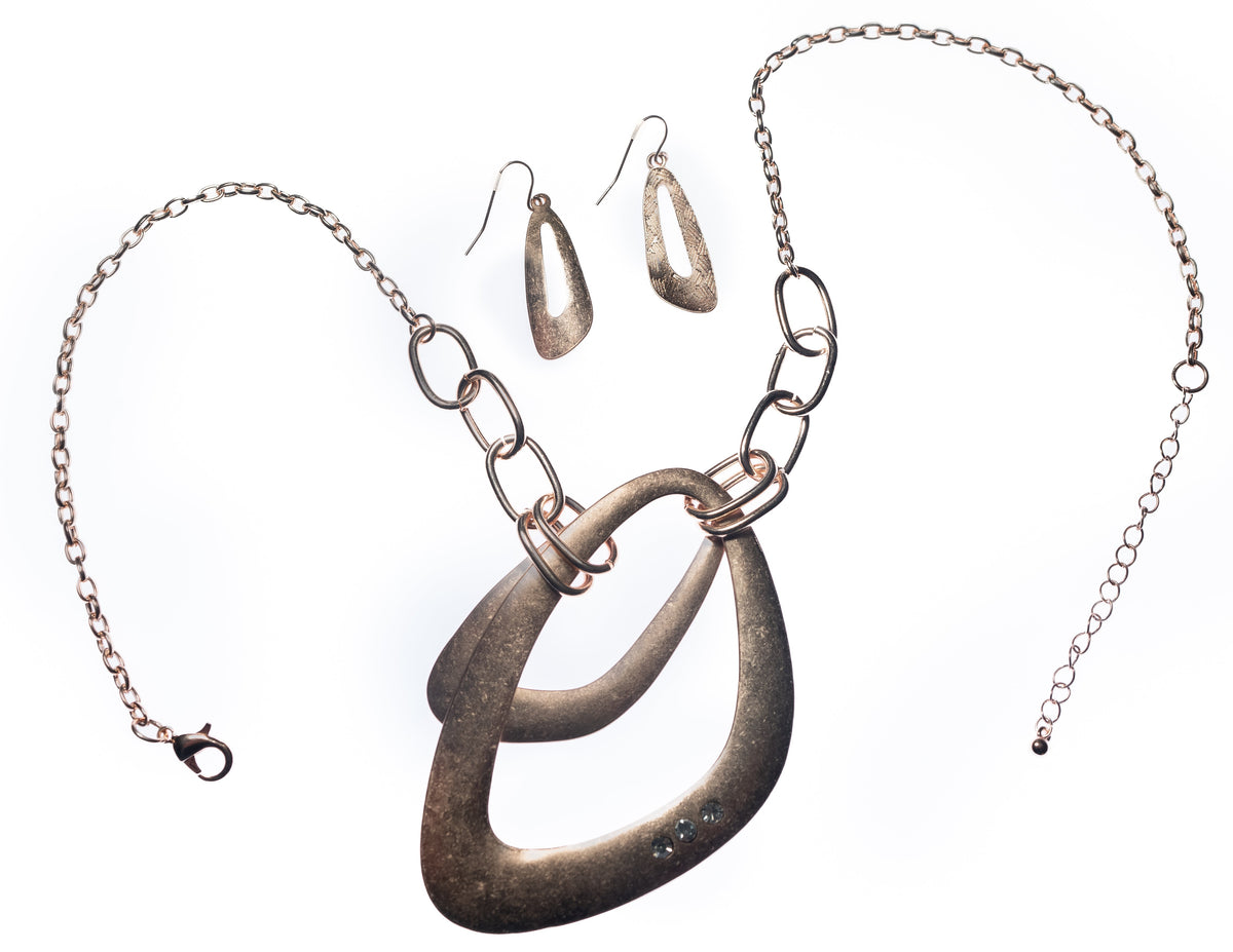 Rose Gold Link Double Pendant Necklace With Rhinestone And Earring Set - Charming Charlie