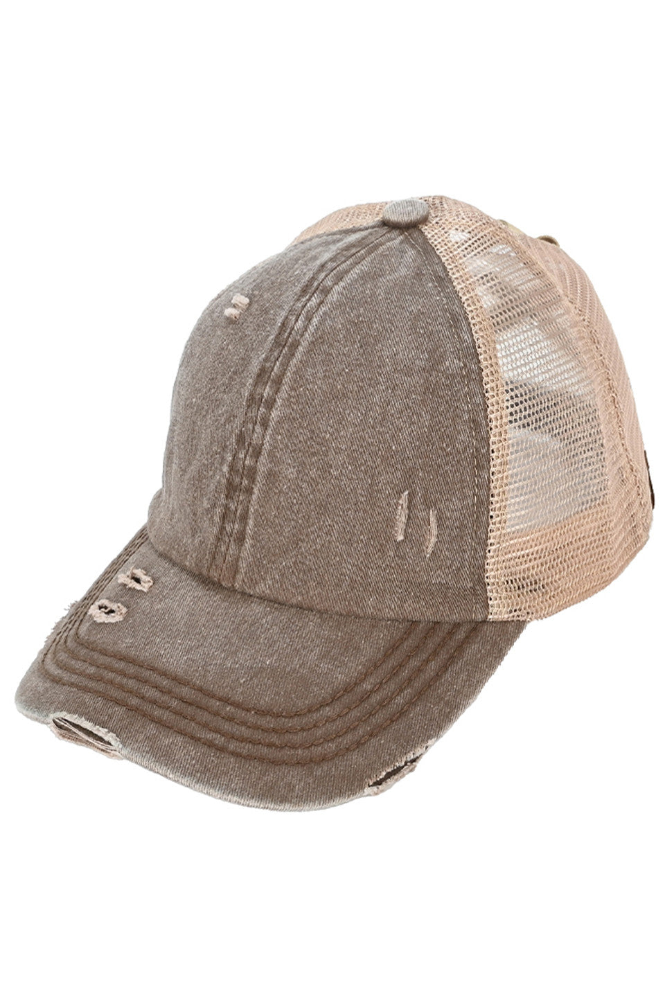 Brown-C.C BASEBALL PONYCAP is a stylish and functional cap that combines the classic look of a baseball cap with the convenience of a ponytail holder. Made with high-quality materials and a comfortable fit, this cap is perfect for any outdoor activity. Stay cool and protected with the C.C BASEBALL PONYCAP.
