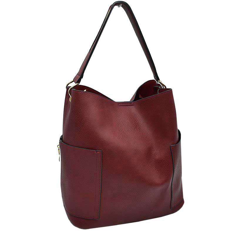 Burguny 2in1 Chic Satchel Side Pocket With Long Strap Bucket Bag, This casual crossbody bucket bag is super soft Vegan leather and has convenient side pockets to carry water bottles, phones, or glasses and a removable zipper pouch. Gold hardware. Extra bag inside and strap to make it a crossbody. Perfect for carrying around your stuff, this bag is big enough for all your daily essentials.