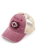 Burgundy C.C Aztec Patch Mesh Ponycap offers a stylish and breathable option for your outdoor activities. With its unique mesh design and eye-catching Aztec patch, this ponycap provides both fashion and functionality. Stay cool and trendy while protecting your head and face from the sun.