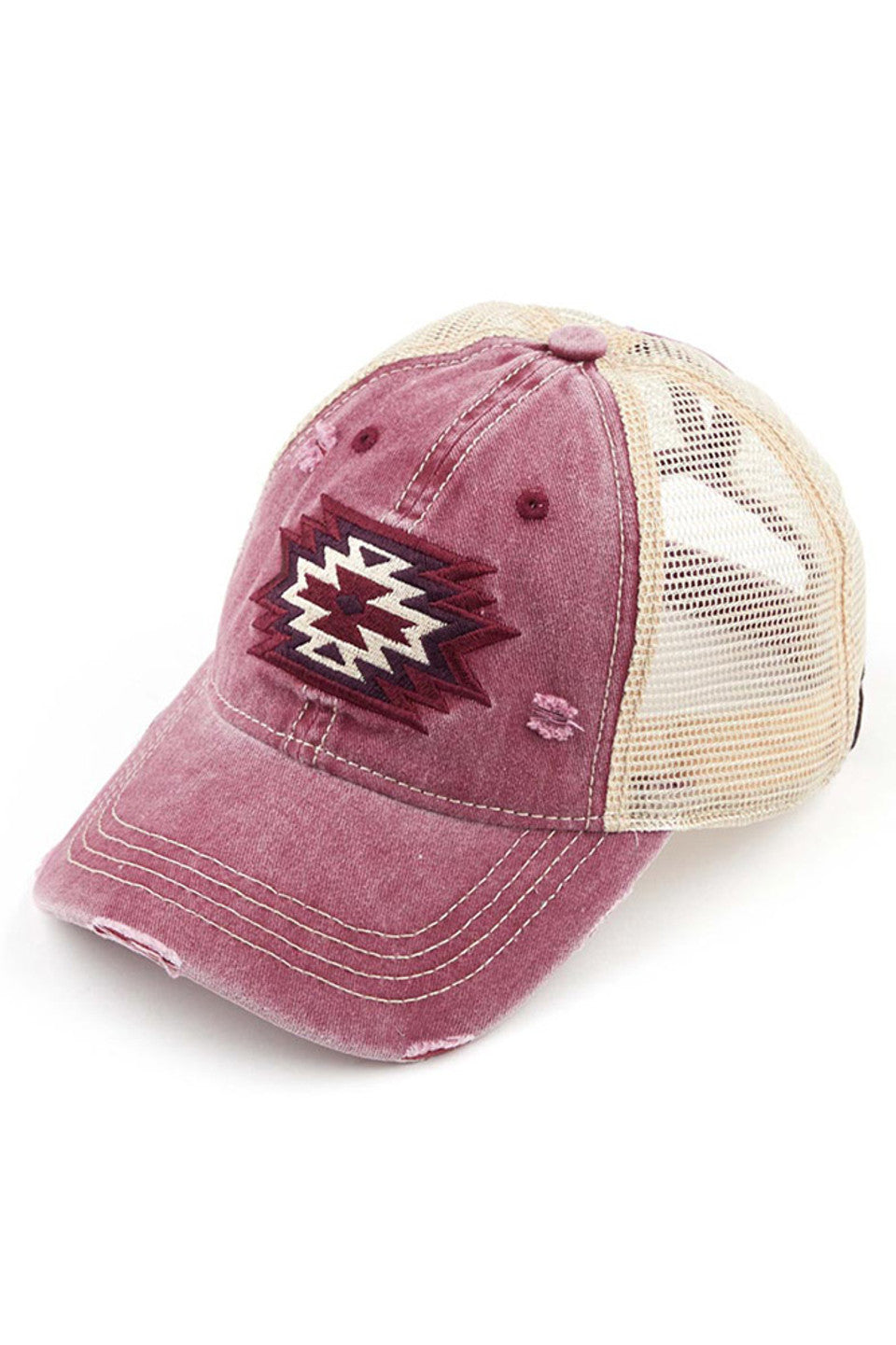 Burgundy C.C Aztec Patch Mesh Ponycap offers a stylish and breathable option for your outdoor activities. With its unique mesh design and eye-catching Aztec patch, this ponycap provides both fashion and functionality. Stay cool and trendy while protecting your head and face from the sun.