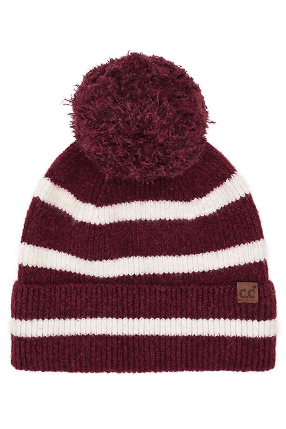 Burgundy Wrap yourself in cozy chic with the C.C Two Tone Stripe Yarn Pom Beanie. Its vibrant stripes and playful pom-pom effortlessly elevate any winter outfit. Crafted for both warmth and style, this beanie is the perfect accessory for your daily adventures or a thoughtful gift for a fashion-forward friend. Embrace the season in style – get yours today!