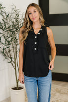 Buttoned Up Buttercup Sleeveless Top in Black - Charming Charlie