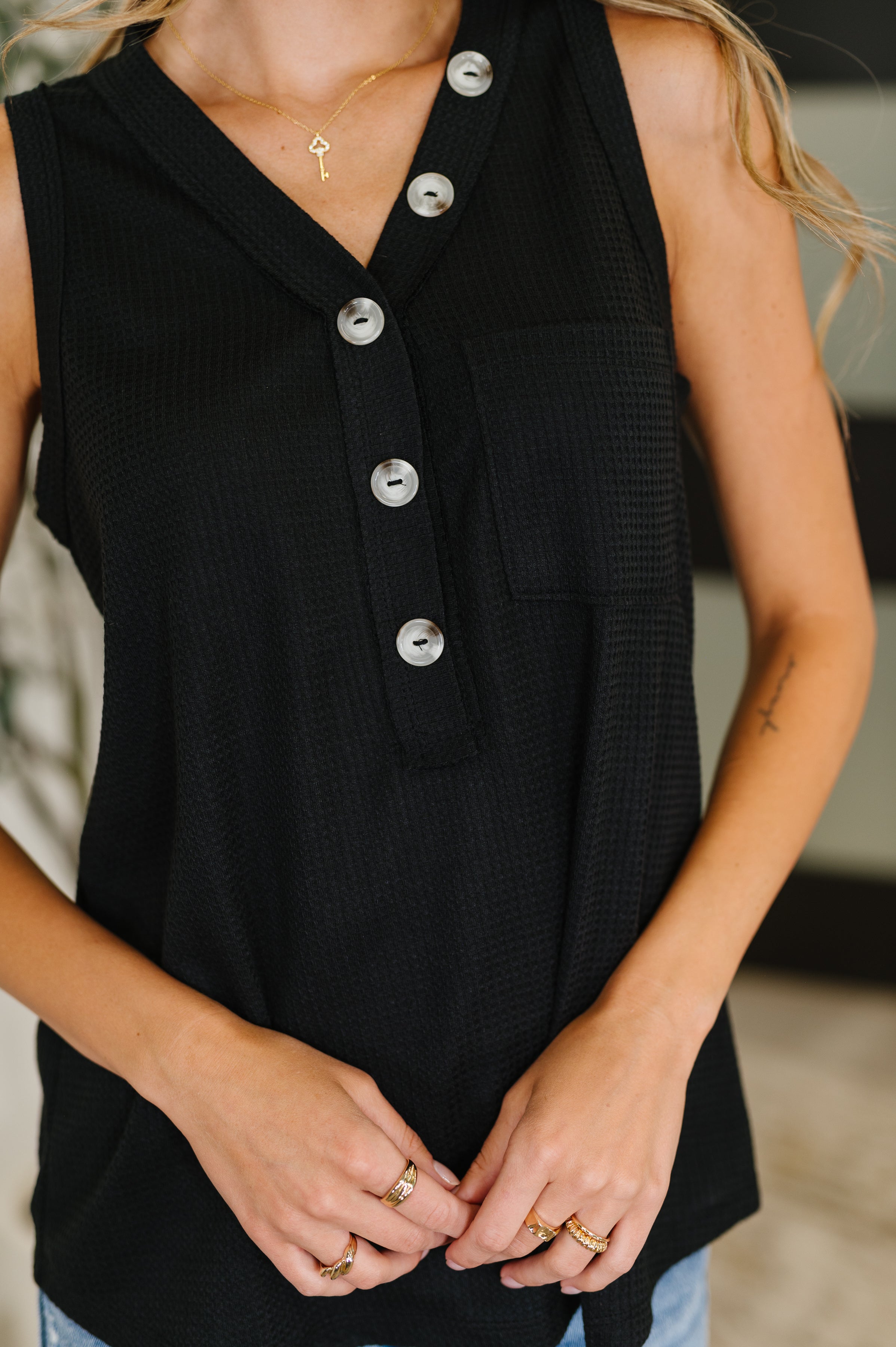 Buttoned Up Buttercup Sleeveless Top in Black - Charming Charlie