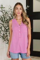 Buttoned Up Buttercup Sleeveless Top in Magenta Glow - Charming Charlie