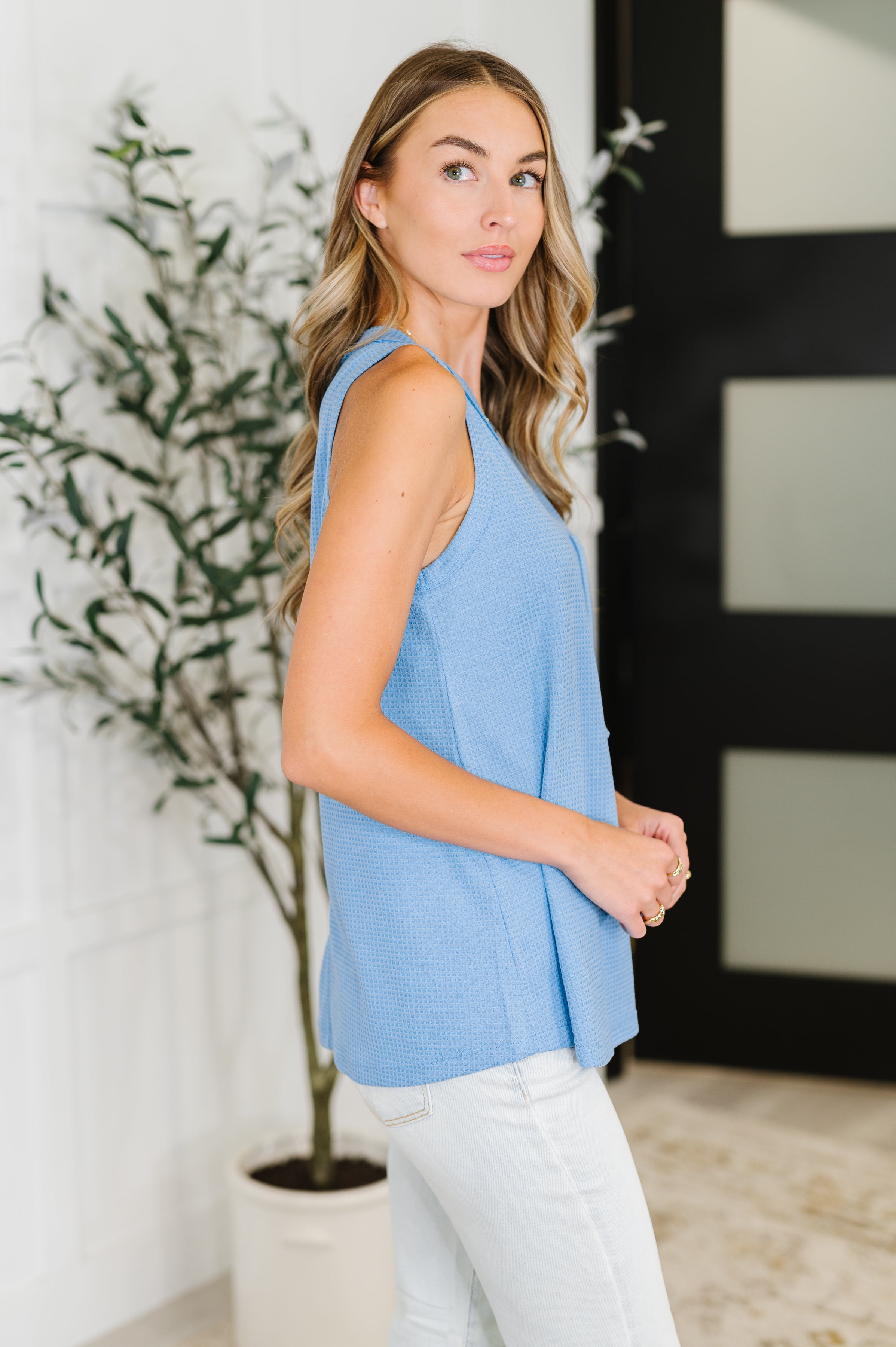 Buttoned Up Buttercup Sleeveless Top in Ocean Blue - Charming Charlie