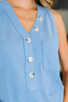 Buttoned Up Buttercup Sleeveless Top in Ocean Blue - Charming Charlie