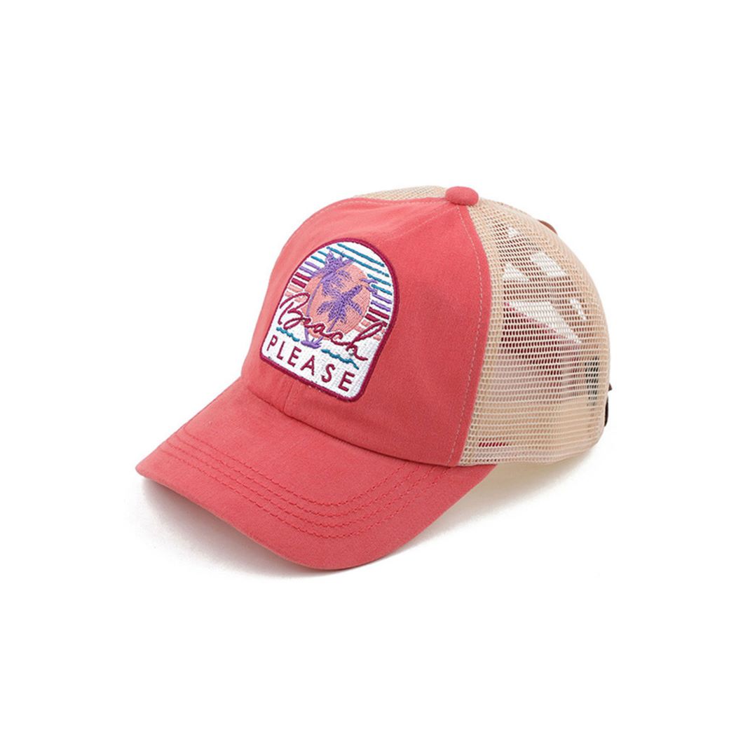 Coral C.C BEACH PLEASE CRISS CROSS PONY CAP is your ultimate beach companion. The crisscross design adds a stylish touch to this versatile cap, perfect for keeping your ponytail in place while enjoying your day in the sun. Made with high-quality materials, this cap provides a snug fit for all-day comfort.