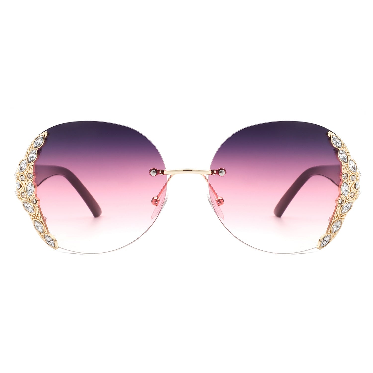 Jadeisle - Women Oval Rimless Rhinestone Design Round Oversize Sunglasses - Charming Charlie