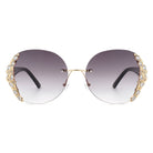 Jadeisle - Women Oval Rimless Rhinestone Design Round Oversize Sunglasses - Charming Charlie