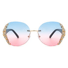 Jadeisle - Women Oval Rimless Rhinestone Design Round Oversize Sunglasses - Charming Charlie