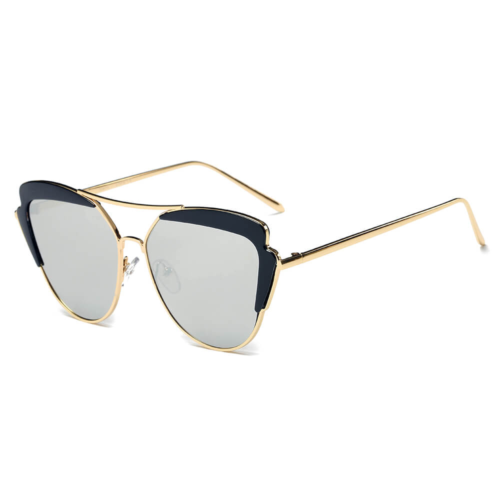 GALVESTON | CD11 - Women's Brow Bar Mirrored Lens Cat Eye Sunglasses - Cramilo Eyewear - Stylish Trendy Affordable Sunglasses Clear Glasses Eye Wear Fashion