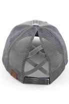 CHARCOAL-C.C Distressed Beach Please Patch Ponycap is perfect for any sunny getaway. Made with distressed fabric and adorned with a trendy patch, this ponycap adds a stylish touch to your beach look. Protect your face from the sun while staying fashionable.