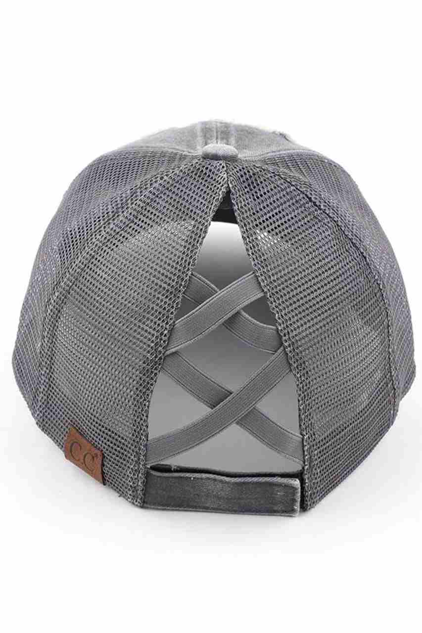 CHARCOAL-C.C Distressed Beach Please Patch Ponycap is perfect for any sunny getaway. Made with distressed fabric and adorned with a trendy patch, this ponycap adds a stylish touch to your beach look. Protect your face from the sun while staying fashionable.