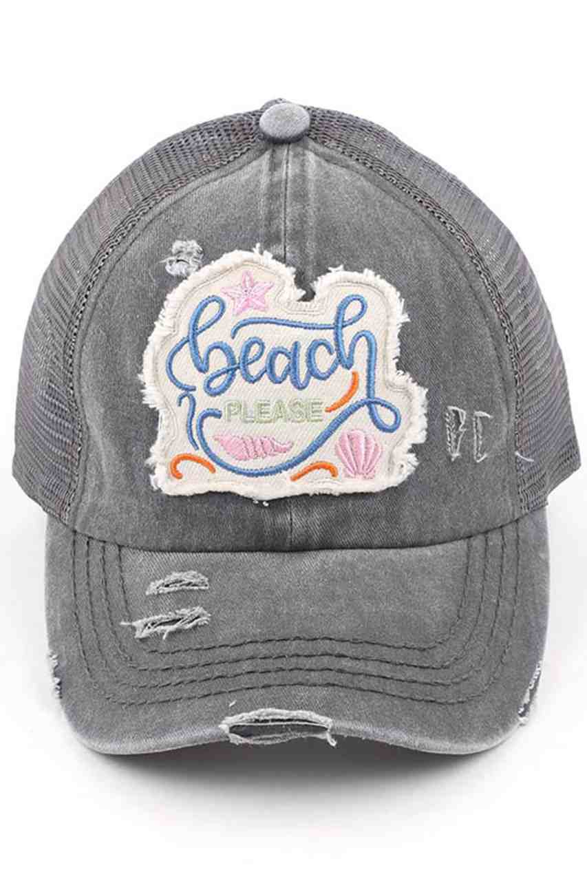 CHARCOAL-C.C Distressed Beach Please Patch Ponycap is perfect for any sunny getaway. Made with distressed fabric and adorned with a trendy patch, this ponycap adds a stylish touch to your beach look. Protect your face from the sun while staying fashionable.
