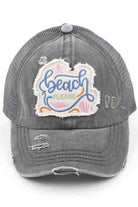 CHARCOAL-C.C Distressed Beach Please Patch Ponycap is perfect for any sunny getaway. Made with distressed fabric and adorned with a trendy patch, this ponycap adds a stylish touch to your beach look. Protect your face from the sun while staying fashionable.