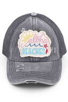 CHARCOAL-C.C Distressed Aloha Beaches Patch Ponycap is perfect for adding a touch of island style to any outfit. The vintage look and feel of this cap is both trendy and comfortable, while the embroidered patch adds a unique touch. Great for a day at the beach or exploring the city.