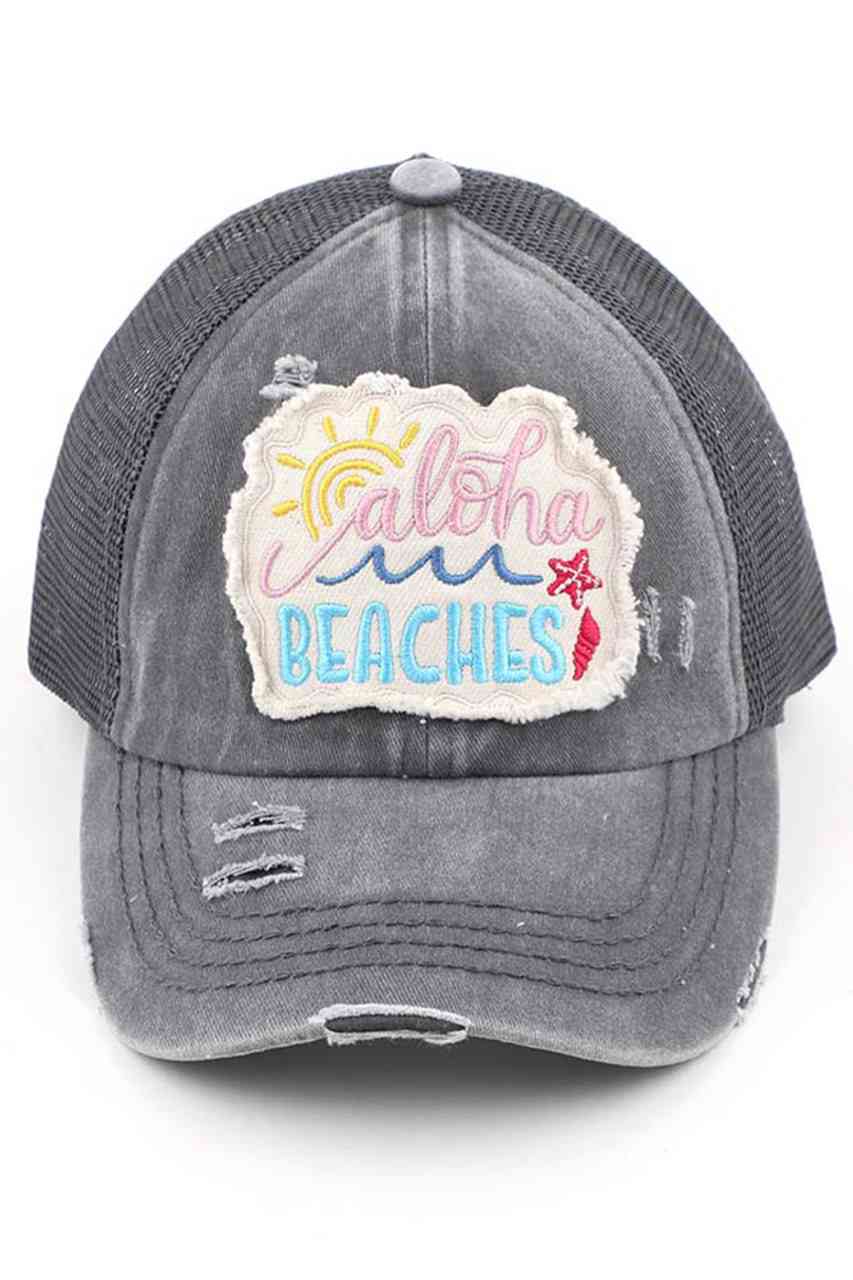 CHARCOAL-C.C Distressed Aloha Beaches Patch Ponycap is perfect for adding a touch of island style to any outfit. The vintage look and feel of this cap is both trendy and comfortable, while the embroidered patch adds a unique touch. Great for a day at the beach or exploring the city.