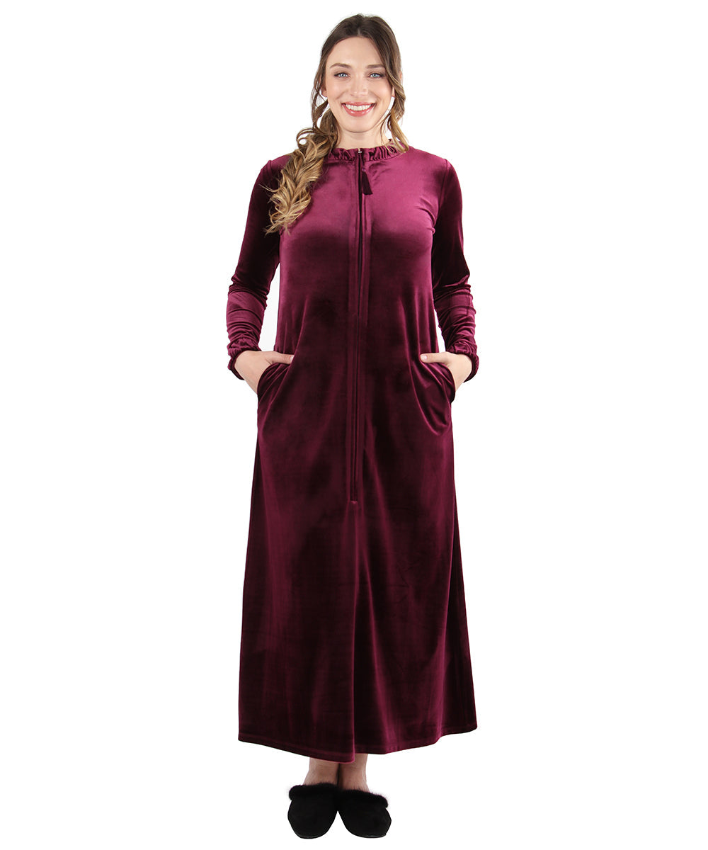 Women's Velour Zippered Front Full Length Lounger Gown - Charming Charlie