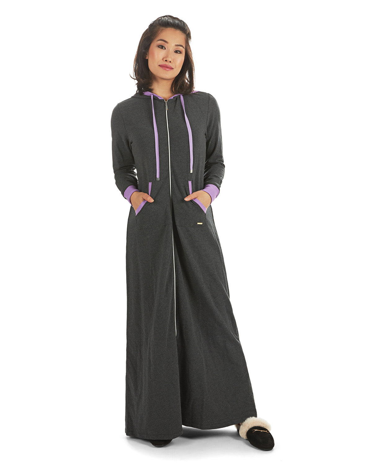 Women's Colorblock Cotton Blend Zippered Full Length Lounger Gown