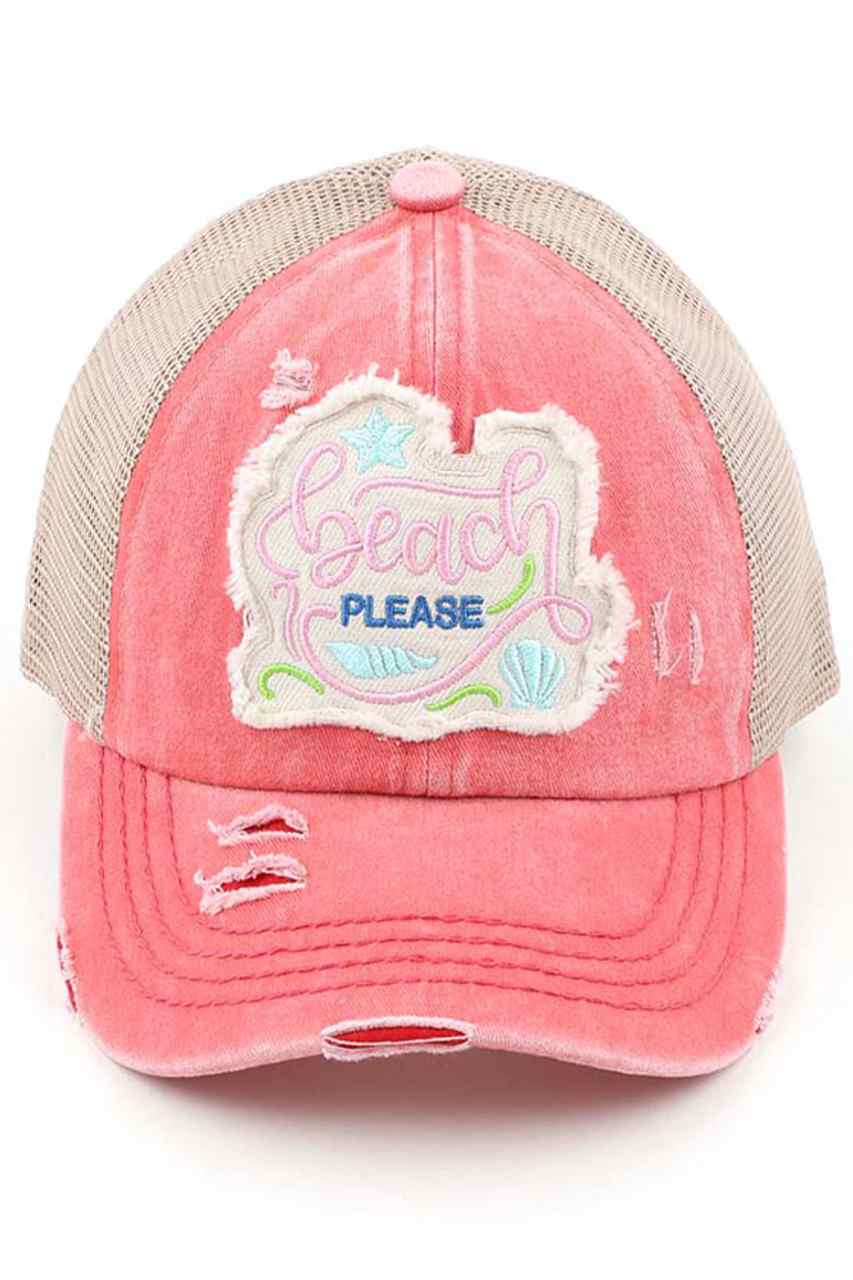 CORAL-C.C Distressed Beach Please Patch Ponycap is perfect for any sunny getaway. Made with distressed fabric and adorned with a trendy patch, this ponycap adds a stylish touch to your beach look. Protect your face from the sun while staying fashionable.