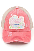 CORAL-C.C Distressed Beach Please Patch Ponycap is perfect for any sunny getaway. Made with distressed fabric and adorned with a trendy patch, this ponycap adds a stylish touch to your beach look. Protect your face from the sun while staying fashionable.