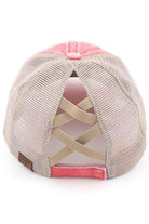 CORAL-C.C DISTRESSED TOP KNOTS AND COFFEE PATCH PONYCAP is an essential accessory for coffee lovers. Made with distressed fabric and a stylish top knot, it also features an embroidered coffee patch. Stay fashionable while showing off your love for coffee.