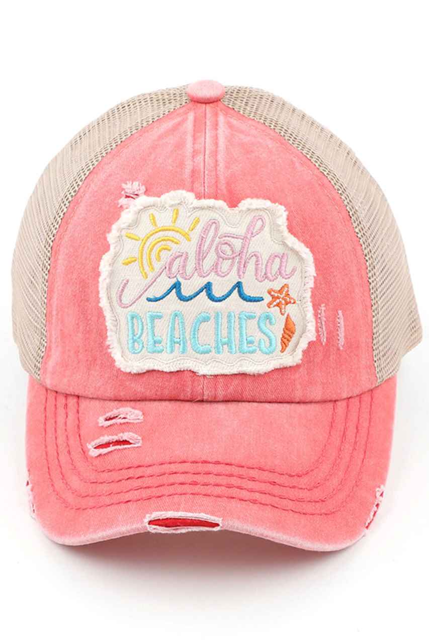 CORAL-C.C Distressed Aloha Beaches Patch Ponycap is perfect for adding a touch of island style to any outfit. The vintage look and feel of this cap is both trendy and comfortable, while the embroidered patch adds a unique touch. Great for a day at the beach or exploring the city.