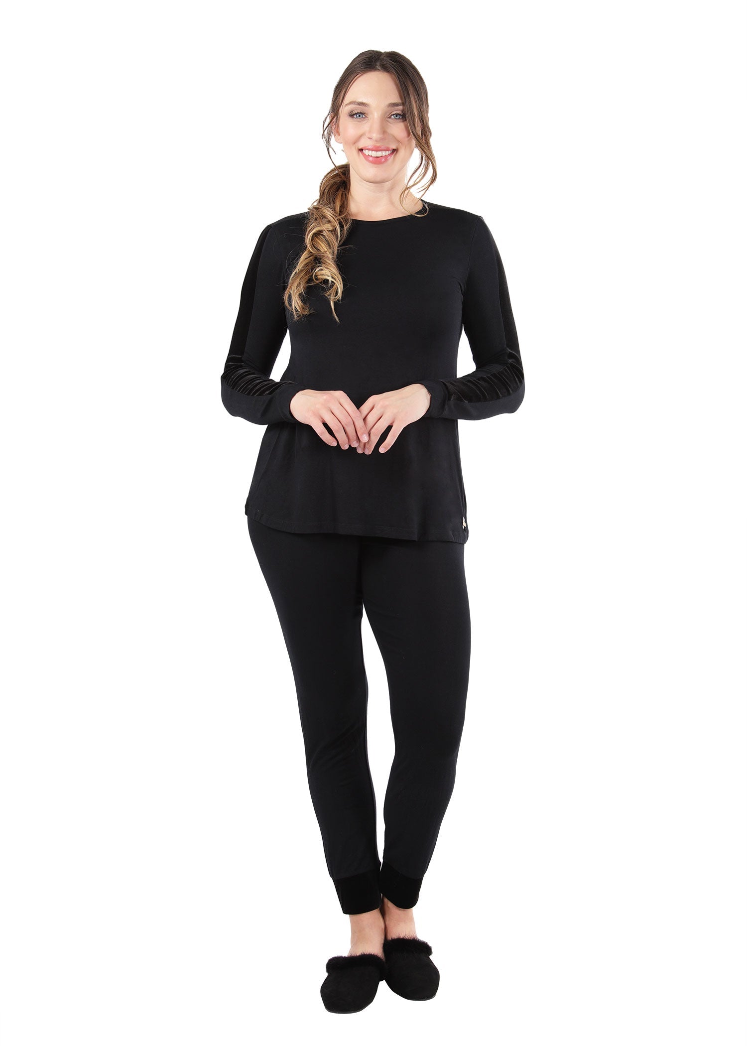 Women's Velvet Racing Stripe Trim Long Sleeve Pajama Set - Charming Charlie
