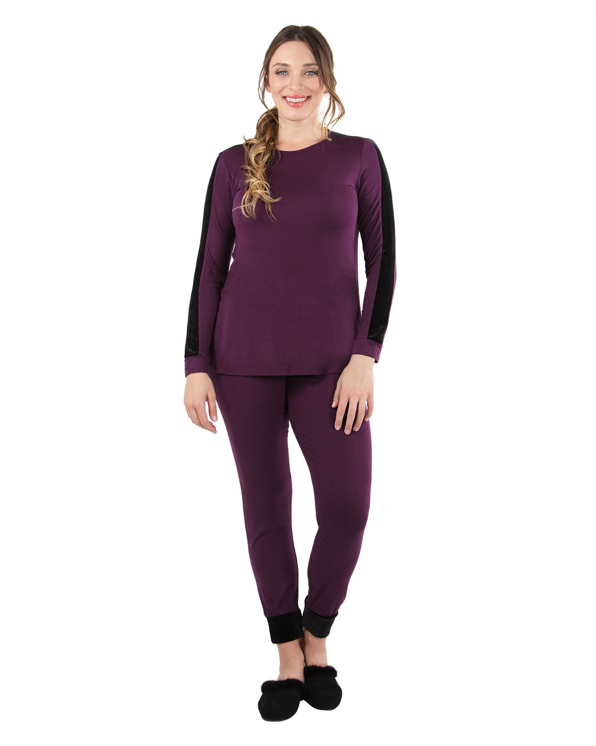 Women's Velvet Racing Stripe Trim Long Sleeve Pajama Set - Charming Charlie
