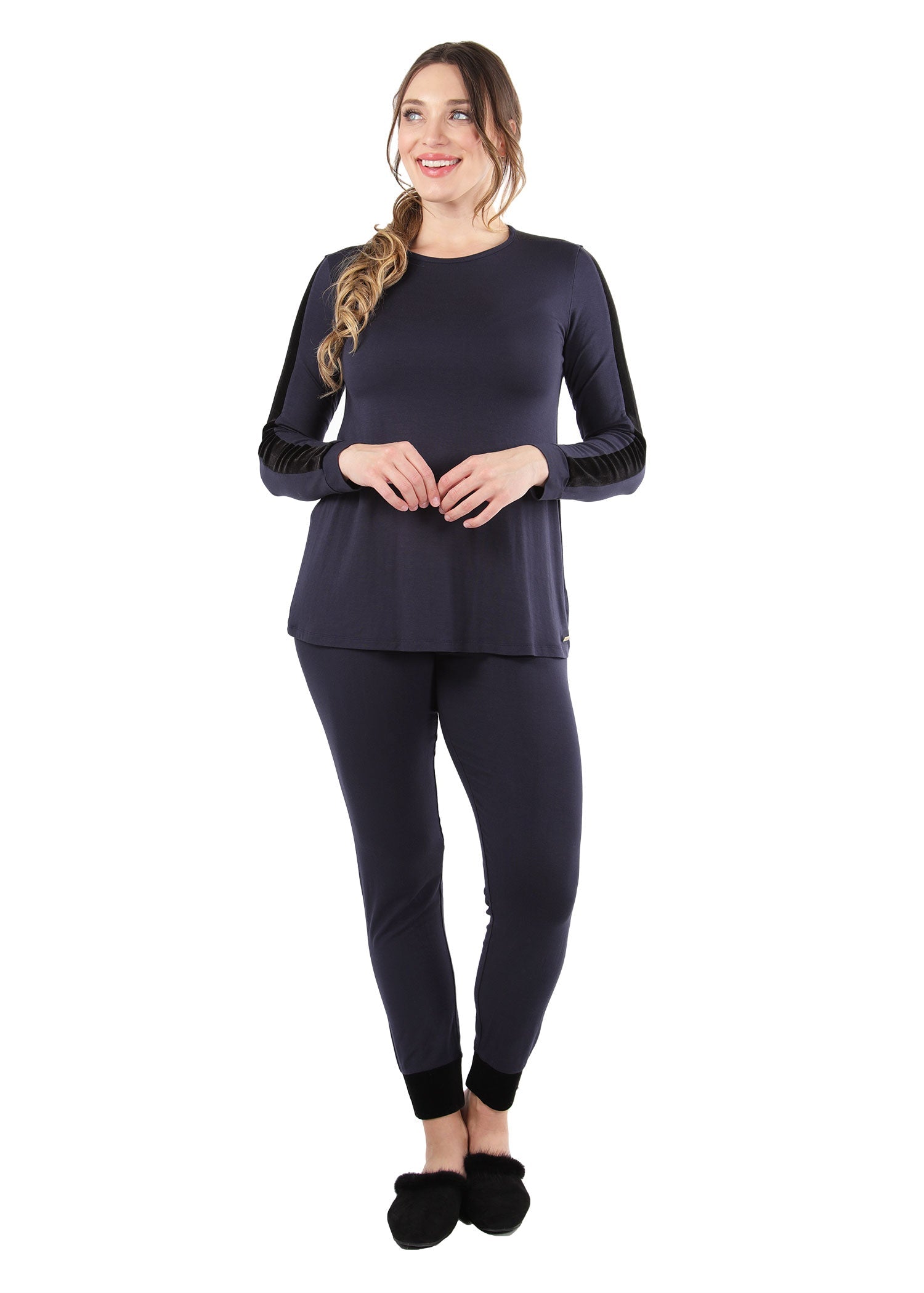 Women's Velvet Racing Stripe Trim Long Sleeve Pajama Set - Charming Charlie