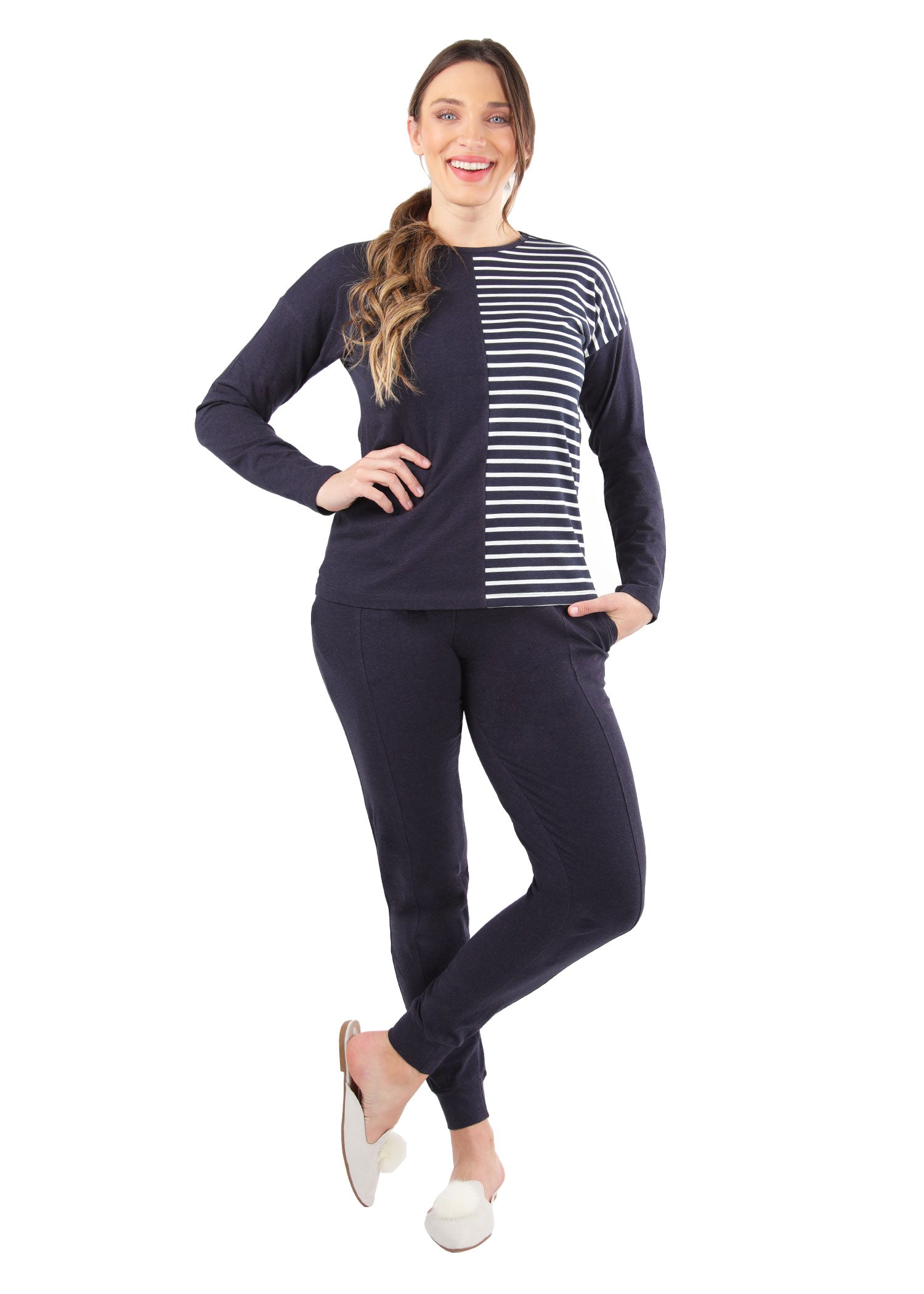 Women's 100% Cotton Breton Stripe Two Tone Pajama Set - Charming Charlie