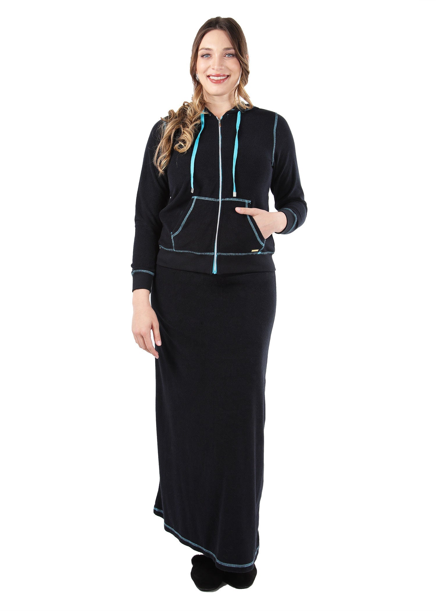 Women's Terry Cloth Cotton Blend Hooded Jacket and Skirt Set