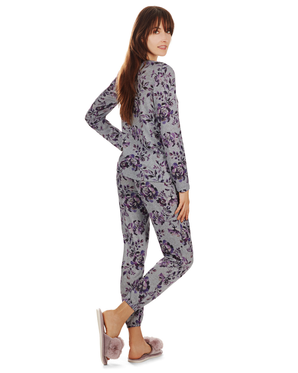 2 Piece Women's Purple Blossom Long Sleeve and Tapered Pant Pajama Set - Charming Charlie