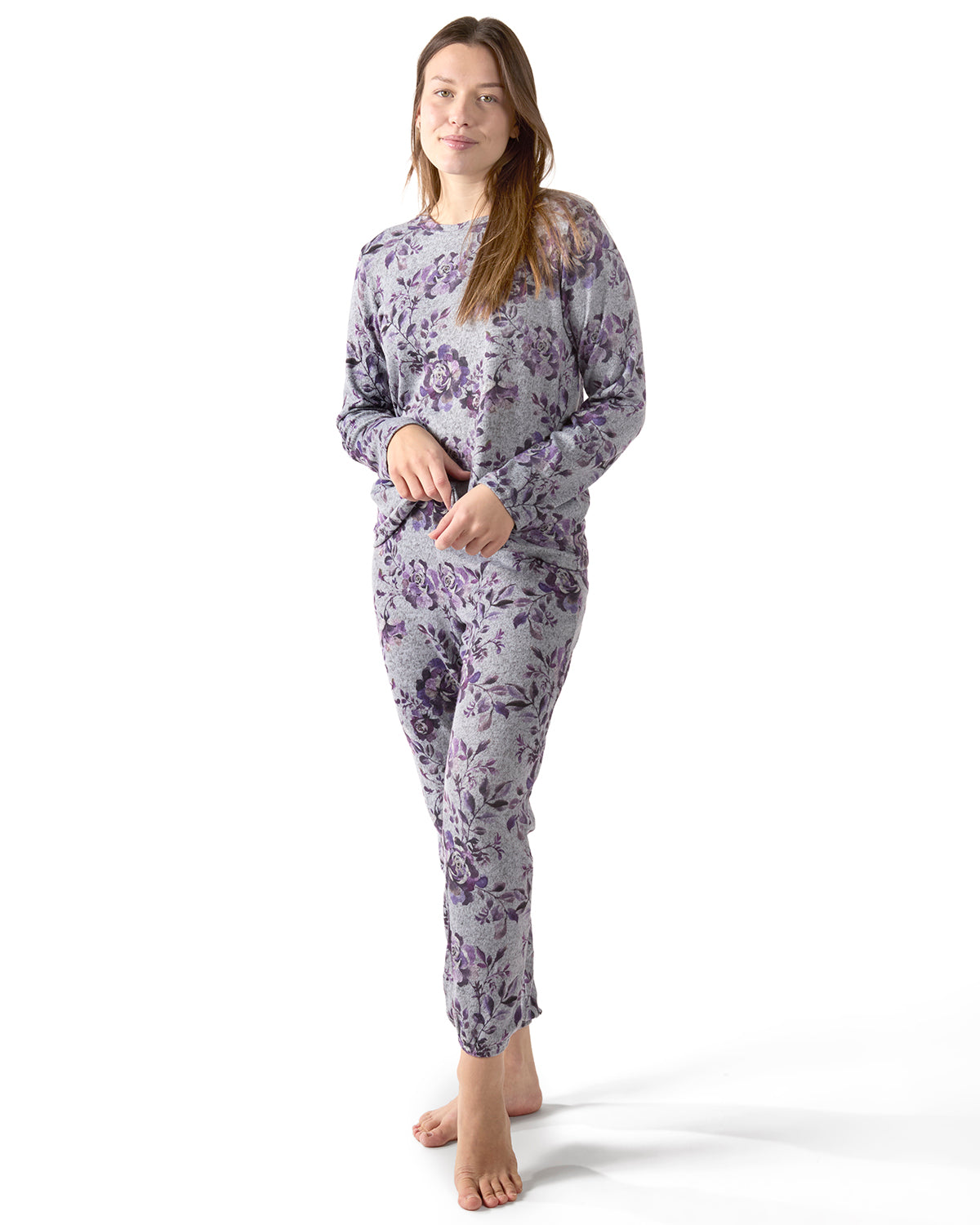 2 Piece Women's Purple Blossom Long Sleeve and Tapered Pant Pajama Set - Charming Charlie
