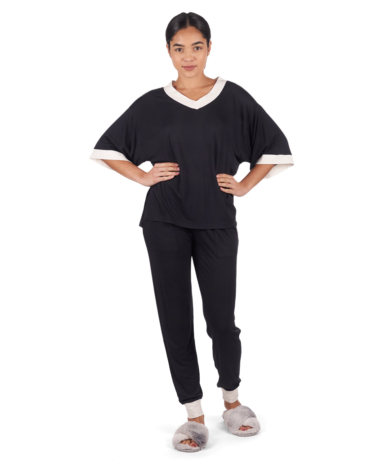 Women's Contrast Trim Loose Fit Modal Short Sleeve and Pants Set - Charming Charlie