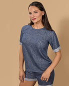 Women's Terry Slub Knit Two-Tone Matching Short and T-Shirt Set - Charming Charlie