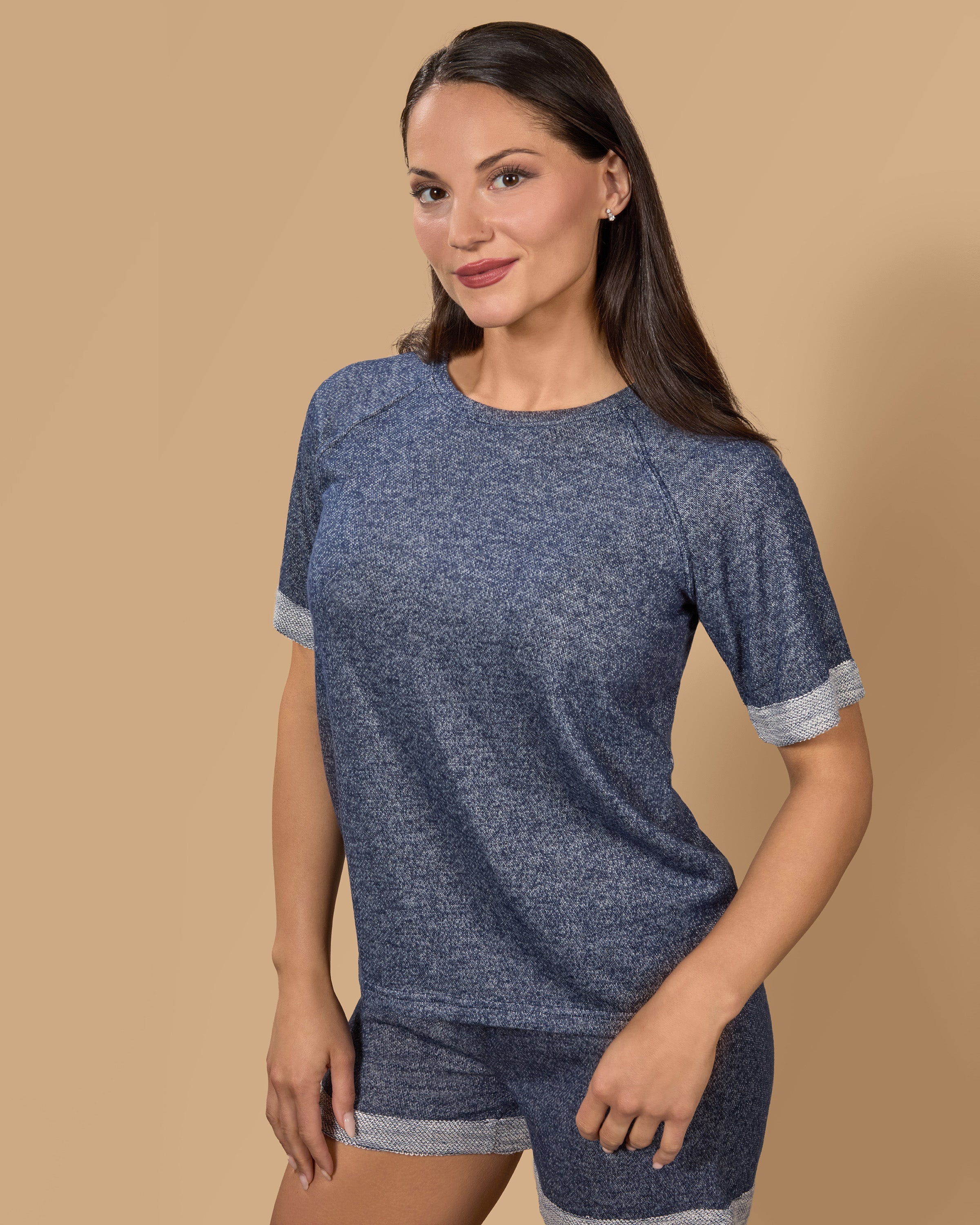 Women's Terry Slub Knit Two-Tone Matching Short and T-Shirt Set - Charming Charlie