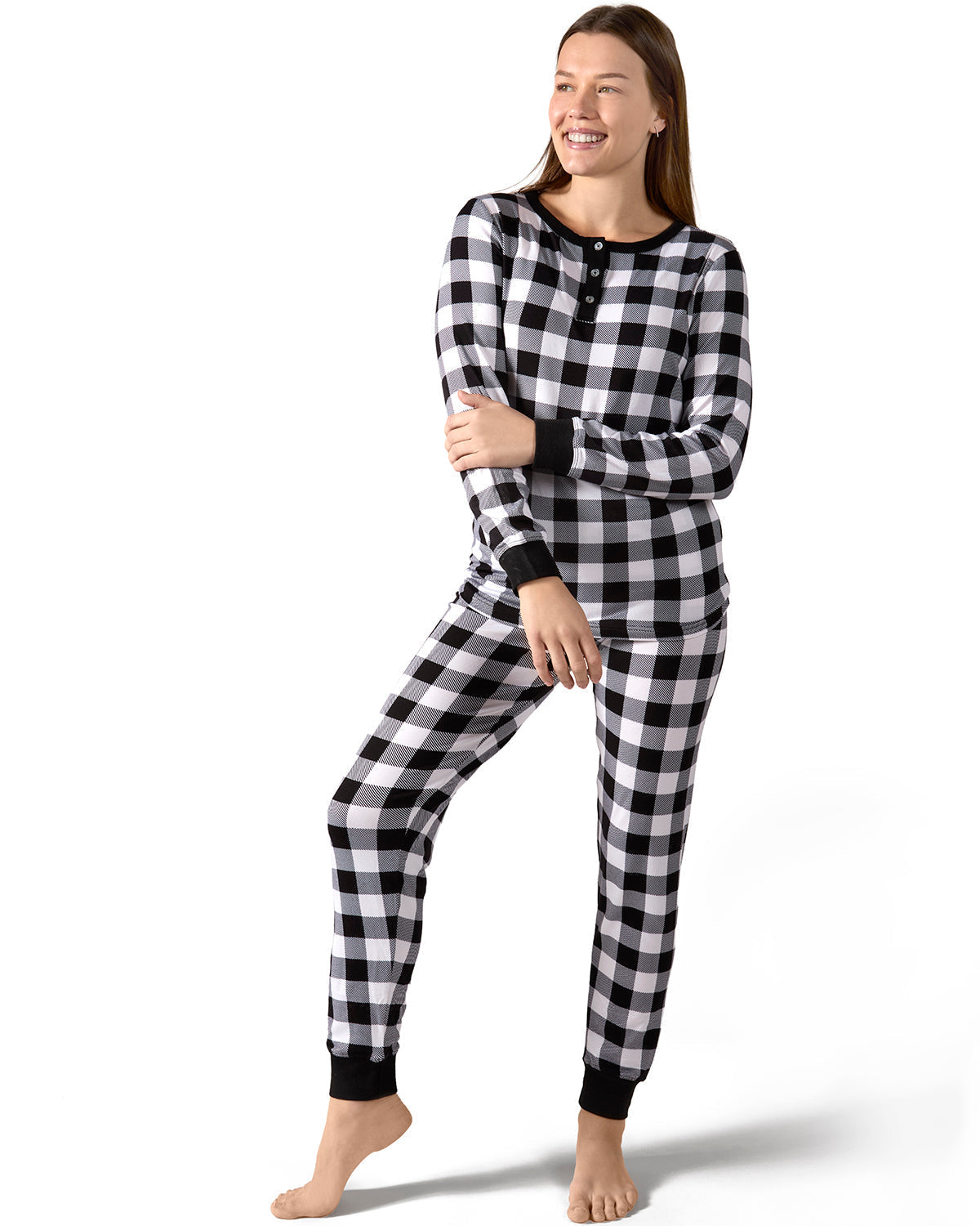 Women's Henley Buffalo Plaid Long Sleeve Pajama Set - Charming Charlie