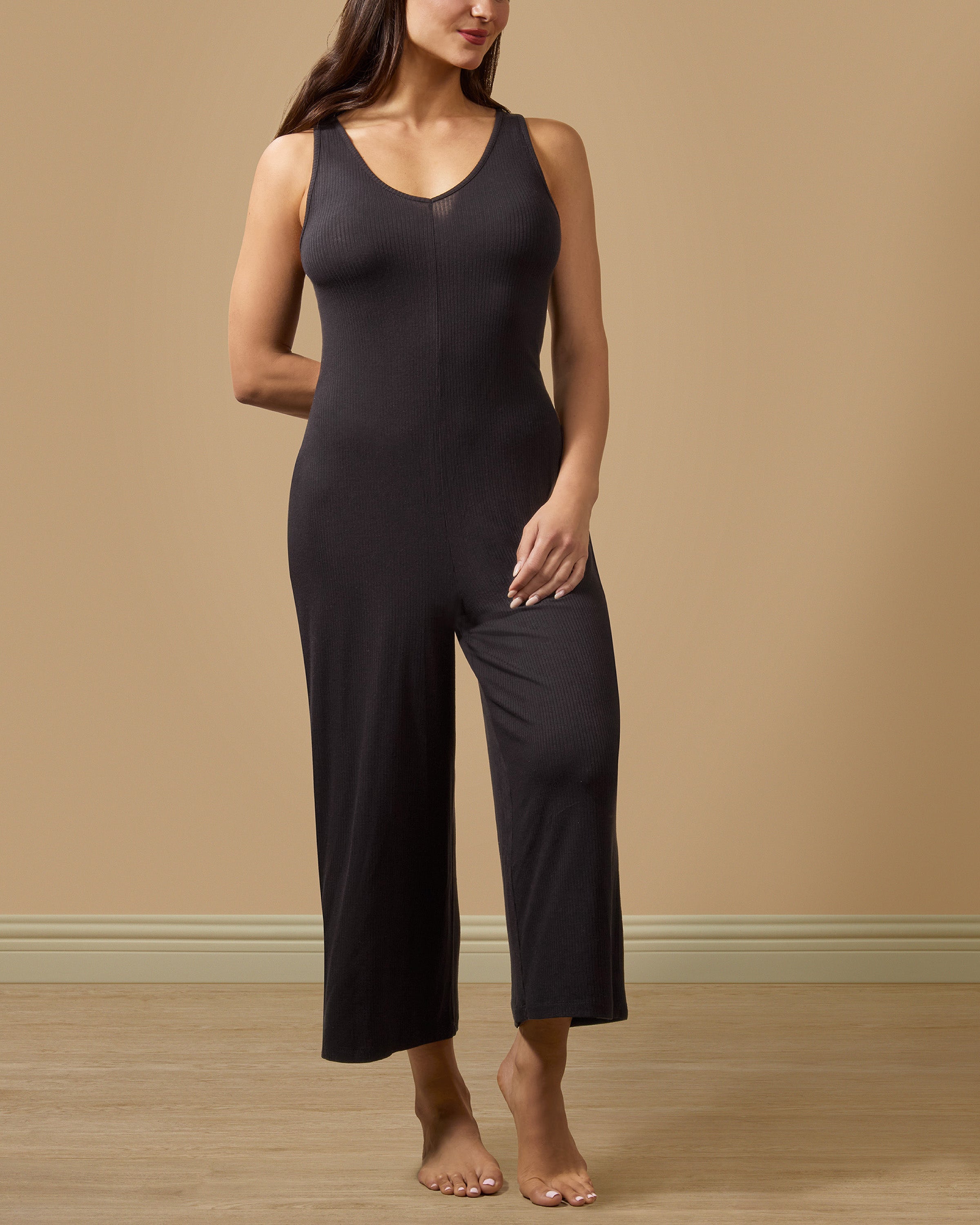 Women's V-Neck Luxe Rib Fitted Capri Style Romper - Charming Charlie