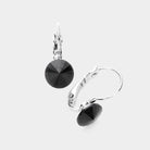 Jet Black, Silver Genuine Round Crystal Lever Back Earrings