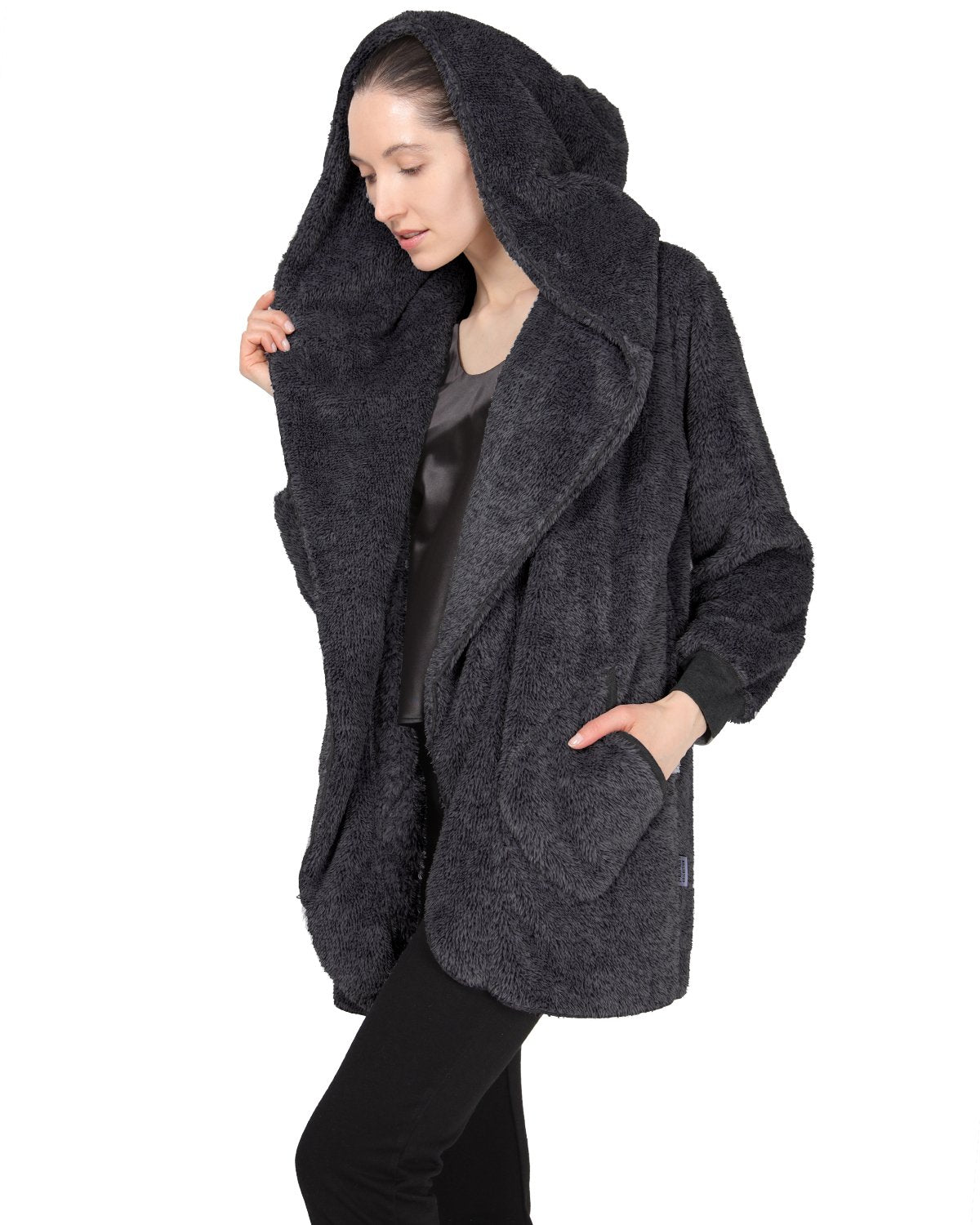 Women's Marled Plush Hooded Lounge Sweater with Shawl Collar