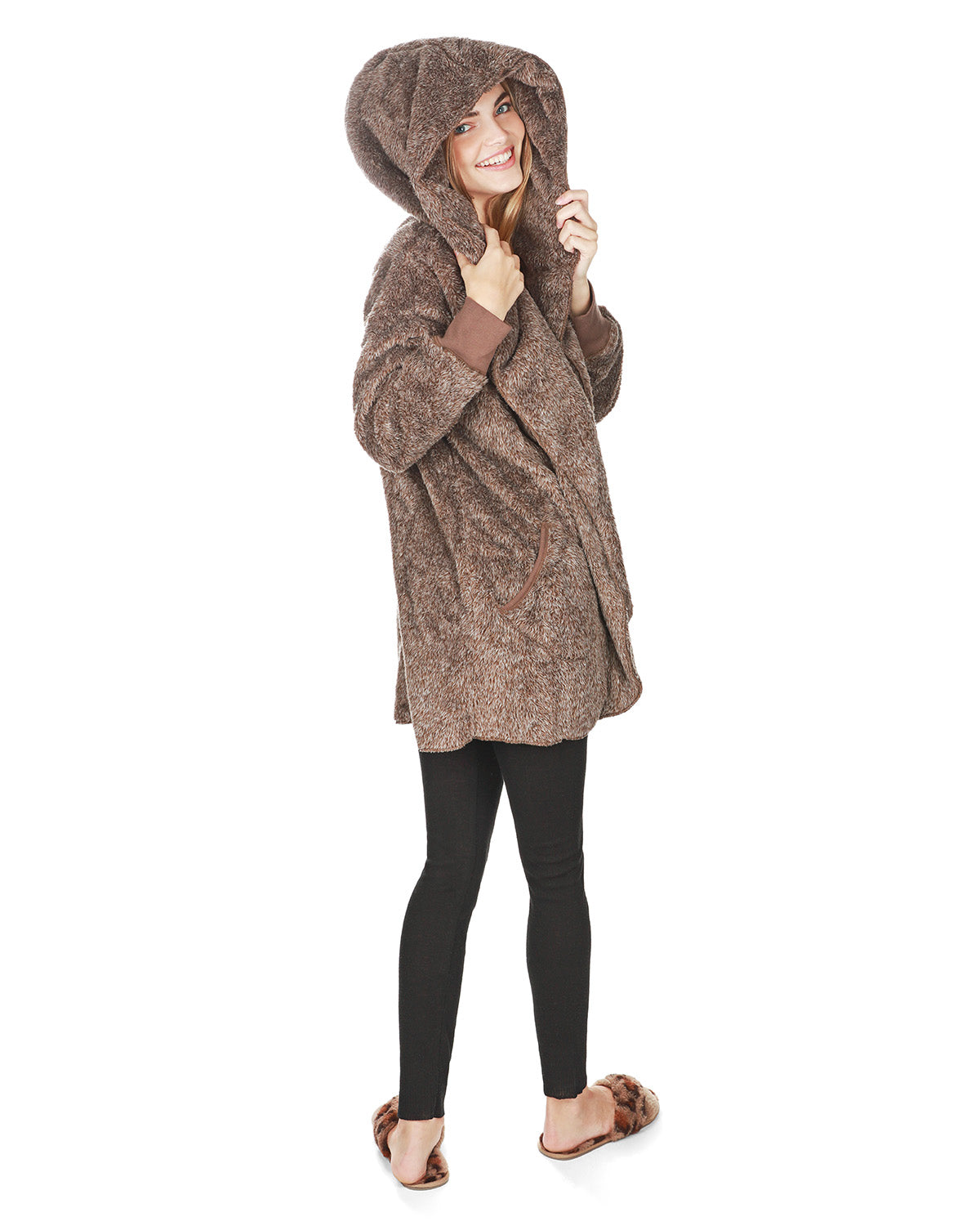 Women's Marled Plush Hooded Lounge Sweater with Shawl Collar