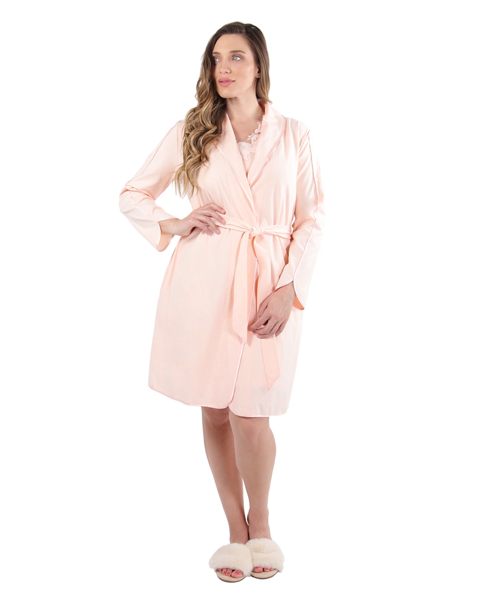 Women's Lace Applique Cotton Blend Robe with Satin Weave Trim