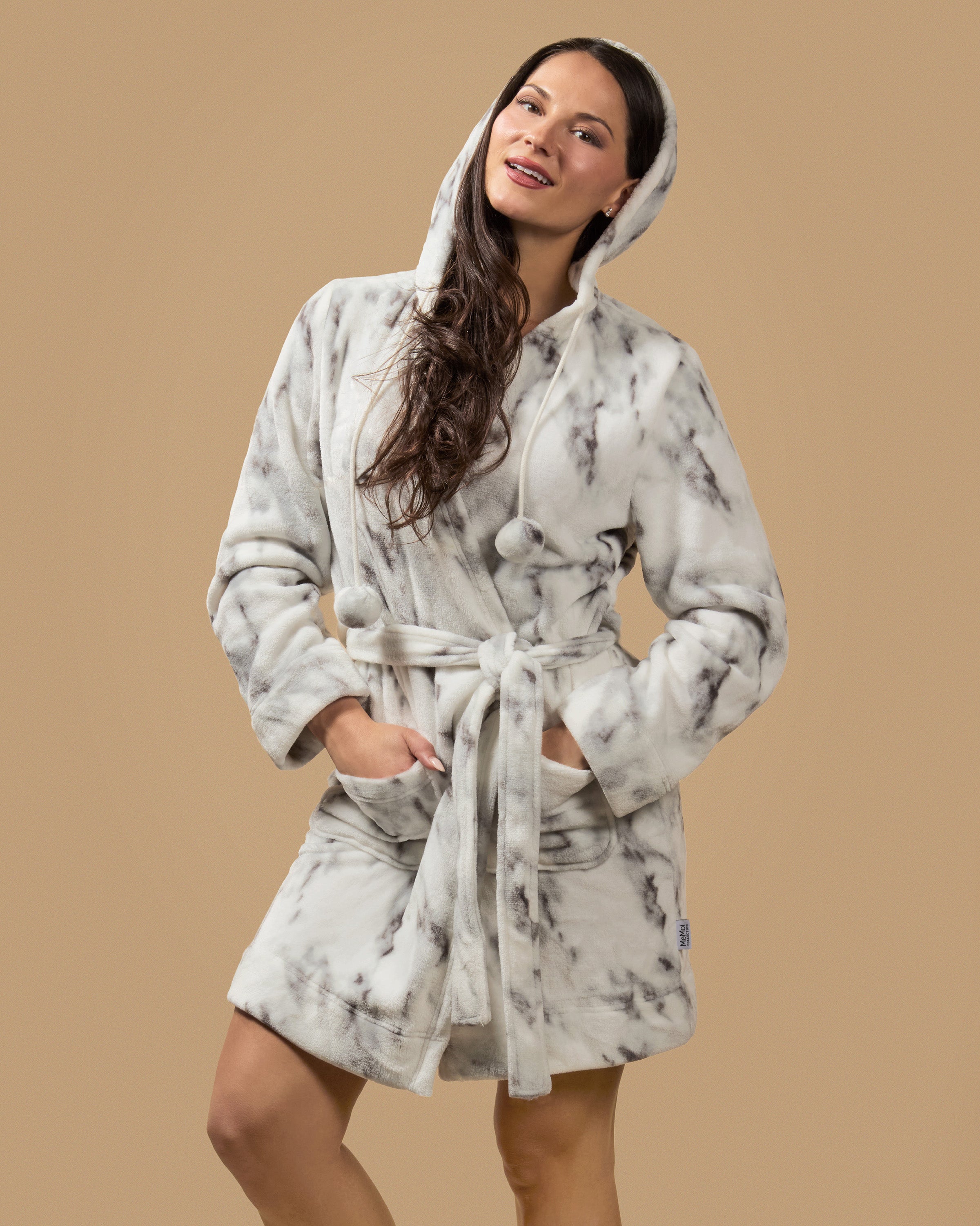 Women's Marble Luxe Fleece Plush Pom Pom Lounge Robe - Charming Charlie